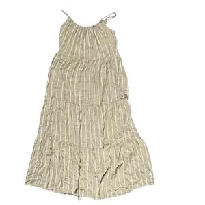 Robbie Bee Sage Green White Stripe Linen Blend Tiered Midi Dress PM